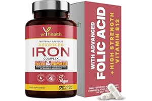 Iron Supplement, 20mg Maximum Strength Anti Fatigue Complex - 180 Vegan Capsules not Iron Tablets for Men & Women with Vitamin B12, Folic Acid, Vitamin C, B6, Zinc, Copper - Made in The UK by YrHealth