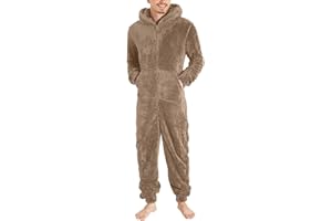 DUHENWU Overall Herren Winter Warm Jumpsuit Flauschig Schlafanzug Teddy Fleece Einteiler Onesie Kuschelig Weich Ganzkörperanzug Lang Einfarbig Hausanzug Mit Kapuze Plüsch Trainingsanzug