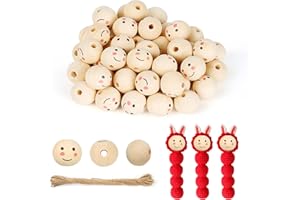 CoKeeSun 60PCS Smile Wooden Beads, 20mm Natural Wooden Beads with Faces, Smiley Wooden Beads for Crafting, Round Doll Head Beads with 4.5mm Holes with 10m Jute String for Macrame Decorations Craft DIY