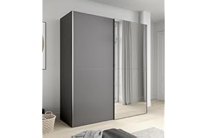 ‎FORTE Forte KAIKAIS Schrank 170, Kleiderschrank mit Spiegel, Schwebetürenschrank, Industrial Schlafzimmer, 2-türig, Einlegeböden, Kleiderstange, Uni Grau Holzdekor, 170 cm breit x 191 cm hoch x 61 cm tief