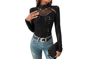 GORGLITTER Damen Bodysuit Elegant Bodies Stehkragen Öse Stickerei Bodys Langarm Body mit Spitzeneinsatz