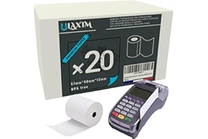 ULAXIM 20 Rouleaux Bobines Papier thermiques 20m ✪Marque Française✪ de dimensions standard 57x40x12mm pour tout appareils CB, TPE quelle que soit la marque : Ingenico, Thales, Hypercom, Banksys (20)