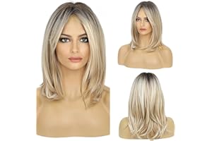 HAIRCUBE Long Blonde Wigs for Women Synthetic Hair Wig with Fringe Ombre Color with Dark Roots