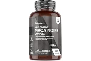 WEIGHTWORLD Maca Noire avec Ginseng 180 Gélules Vegan (6 mois) avec Zinc, L Arginine, Panax Ginseng, Poivre Noir, Racine de Maca Noire, Jaune, 5550mg par Jour sans Gluten, sans OGM, sans Stéarate de Magnésium