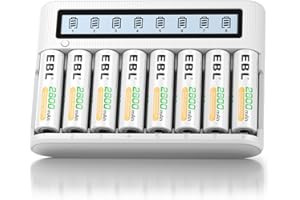 EBL LCD Chargeur de Piles Rechargeables Rapide- avec 8PCS AA 2800mAh Piles Rechargeables, Charge Rapide 5V/2A, avec Fonction de Décharge