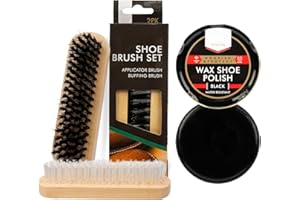 NAVOYS 2 Shoe Brush Set & Black Polish - Traditional Wooden Handle Brushes For Cleaning, Polishing Leather Shoes & Boots, Buffing, Soft & Stiff Bristles (Shoe Brushes & Polish)