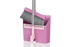 JOYMOOP Rosa Besen mit Kehrschaufel Combo Set, Aufrechter Standbesen mit eingebauten Kammzähnen, Winkelbesen für Zuhause, Küche, Büro, Lobby, Tierhaare und Hartholzboden Kehren