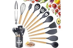 KAWAOLOGY Utensili da cucina in silicone 12 pezzi, set di utensili da cucina per pentole antiaderenti, al calore e antiaderenti con manico in legno per utensili senza BPA (grigio)