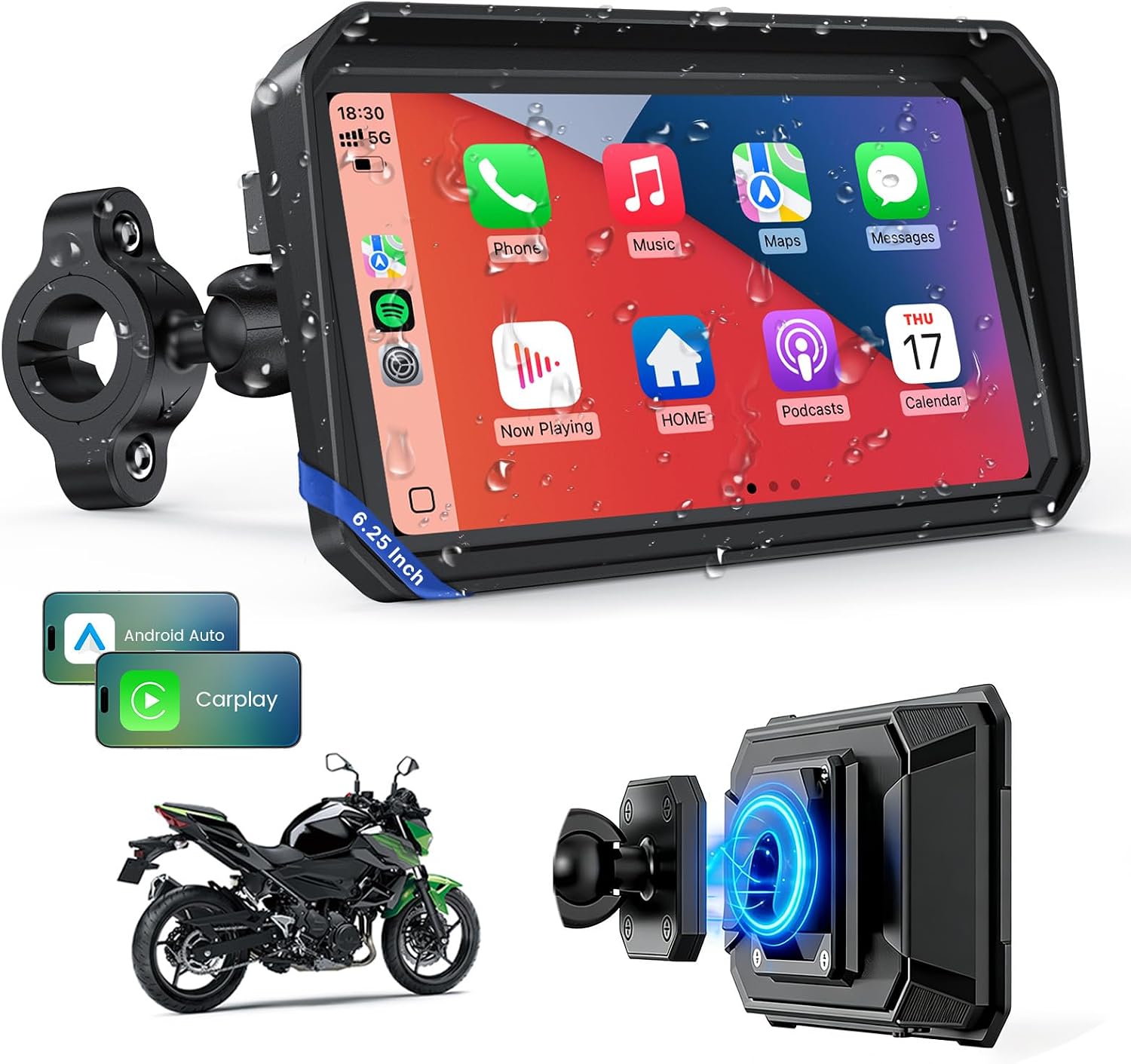 WonVon 6.25 Pulgadas CarPlay para Motocicleta Sistema de Navegación GPS con Apple CarPlay y Android Auto Pantalla Portátil con Doble Bluetooth, Navegación, Siri, Asistente de Google Soporte magnética