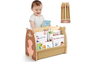 MHJY Kids Bookshelf – Wooden Double-Sided Sling Book Rack with Canvas Storage, Toddler Bookcase for Nursery, Bedroom, Playroom – Montessori Style Children’s Book Organiser