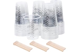 TAIHOBO Mały Kubek z Miarką 240 ml, 50 Sztuk z Tworzywa Sztucznego z Żywicy Epoksydowej, Kubki do Mieszania ze Skalą, Zestaw Przezroczystych Kubków z Miarką z 50 Mieszadło Drewniane