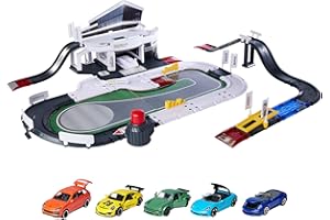 Majorette Porsche Experience Center zestaw do zabawy, ponad 60 części, budynek Experience Center z kolumną ładującą E, warsztat, myjnia, tor testowy Porsche z parcours On/Offroad, w zestawie 5