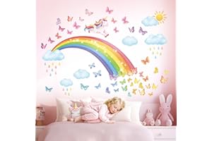 DECOWALL SG2-2309 tęczowy tatuaż ścienny jednorożec, naklejka ścienna, chmury, motyle, dziewczynki, dzieci, naklejka na ścianę do pokoju dziecięcego, pokoju dziecięcego, dekoracja ścienna