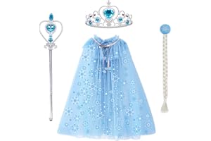 Landifor 4-teilige Prinzessin Kostüme Kinder Prinzessinsumhang elsa Schneeflocke Tüll Cape mit Krone Zauberstab Perücke Zopf für Mädchen Geschenk Karneval Partykostüm