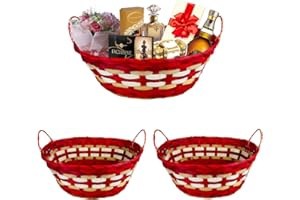 ADEPTNA Set of 2 Oval Christmas Wicker Baskets with Handles Premium Handmade - Natural Bamboo Hampers, Ideal for Gift Presentation, Durable Perfect for Festive Decorations, Unique Gift Xmas (RED)