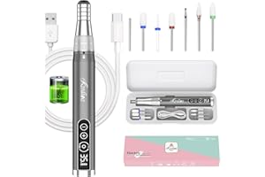 Kredioo Torno para Uñas Profesional, Inalámbrico 35000 RPM Velocidad Ajustable, Recargable Lima Electrica Uñas, Lápiz Manicura y Pedicura, Pulidor Portatil, Kit con 6 Brocas, para Salón DIY (Gris)