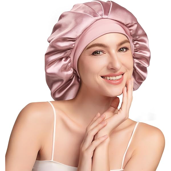 Seiden-Nachtmütze Mit Scrunchies - Satin-Schlafhaube Für Lockiges Haar, Weich Und Bequem (Rosa)