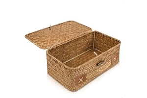 HUALIANG Kosz rattanowy z pokrywką, pleciony kosz regałowy, z naturalnej trawy morskiej, wielofunkcyjne koszy do przechowywania, Kosz rattanowy zabawek, kosmetyków, papieru toaletowego