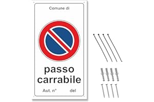 Pubblimania PASSO CARRABILE Kit cartello divieto di sosta in metallo alluminio completo di tasselli e fascette (Cm 25x43)