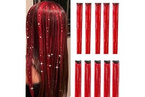 Webshaiy 10 pcs Hair Tinsel Clip In Hair Extension Festival Accessories, Red Glitter Fairy Hair Anti-slip Sparkle Highlight Synthetic Hairpieces for Women Girls Kids Party Cosplay Halloween Christmas