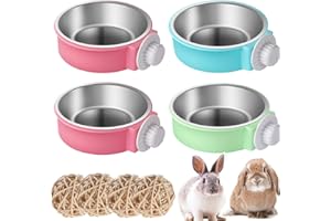 WOYOUS Kaninchen Napf Set, Große Kaninchen Schüsseln Haustier Hasen Futterschüsseln Kleine Tiere Käfig Schüssel und Edelstahl Hängende Wasser Futterschüsseln für Groß Bunny Hasen Napf (Rosa)