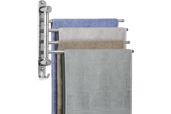 JSVER Porte Serviette Murale Salle de Bain,Porte Serviette 180°Rotatives en Acier Inoxydable 4 Barre Pivotante,Gain de Place pour Salle de Bain Cuisine Lavabo-Argent(40CM)