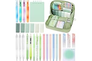 ESSALOO 30 Pezzi Set di Cancelleria per Studenti con Astuccio, 11 Penne Neutre, 4 Evidenziatori, 3 Matite Meccaniche, Regalo Bambina 6 7 8 9 10 11 12 Anni, Verde