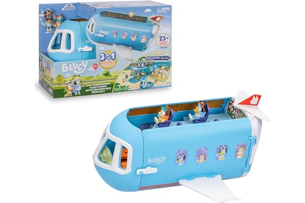 BLUEY - Avion 3 en 1, Pilote et Bingo partent en Vacances et l'avion Devient Un hôtel, Un Bateau et Une Plage, 10 Accessoires Inclus, Jouet avec Sons, célébrité (BLY75000)