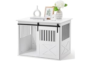 THE FELLIE Dog Crate Furniture for Small/Medium Dogs, Heavy Duty With Sliding Door, Kennel Indoor, Wooden House, End Table, 90x60x66cm, White