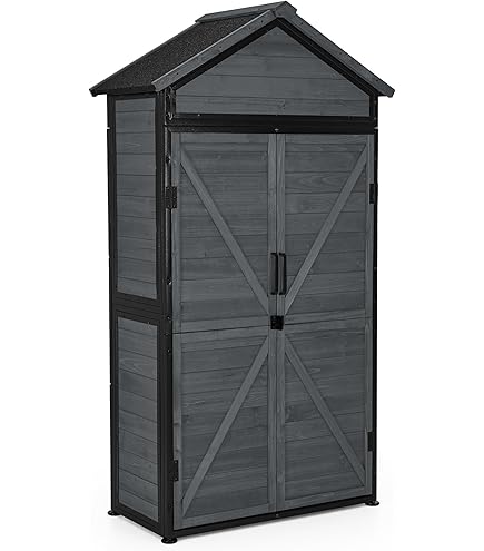 KOMFOTTEU Tuinhuis van hout, gereedschapsschuur voor buiten, met 4 planken en 1 kast, weerbestendig, afsluitbare deuren, 80 x 35 x 176,5 cm
