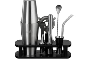 BARMINGO Boston Shaker Cocktail Kit | 11 Pièces, Volume de 825 ML, Noir - Argent | Shaker Cocktail INOX avec Support et Accessoires de Bar | Set Barman Cocktail Shaker | Kit Cocktail Professionnel