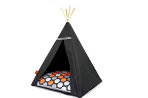 HALKALIFE Pet tent with a stabilizer and a soft blanket. A tent for a cat or dog. Dog house, cat nest. Dog cave. Pet igloo. Cat hut. (L, Black, Orange Dots)