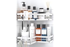 Kitsure No Drilling Shower Shelves - Set of 2 Sturdy Shower Shelves No Drilling with Quick Drain, Rustproof Finish and Strong Adhesive Attachment for Bathroom, 22.0 x 22.0 x 5.0 cm, White