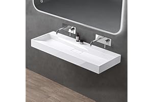 doporro Lavabo da Appoggio Lavabo Bagno Rettangolare Sospeso da 120cm Bianco Lucido, Lavandino Bagno da Minerale Fuso Senza Foro per Rubinetto 120x46x11 cm, Set di Scarico Incluso Colossum19