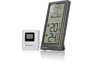 Bresser Stazione meteo radio con sensore esterno Meteo Temp, termometro con indicatore di temperatura per interni ed esterni, previsioni meteo, con base pieghevole e supporto da parete, grigio