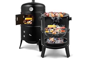 BOSTEU Outdoor Smoker Barbecue Charcoal Portable BBQ Grill with Built-in Thermometer for Home Garden Cooking