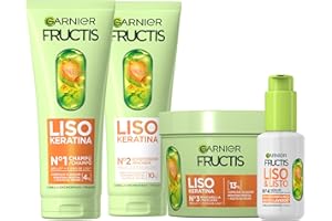 Garnier Fructis Rutina Liso Keratina para cabello encrespado: Champú + Acondicionador + Mascarilla + Sérum activado por calor Liso & Listo