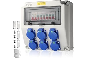 EYPINS Distribuidor de Corriente para Construcción con LS+FI, Distribuidor de Pared 6x 230V Enchufes Schuko 16A, IP66/IP54 Impermeable, ABS Ignífugo para Interiores, Exteriores, Talleres y Fábricas