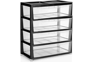 SIDSONS Jumbo Chest 4 Drawers Storage Unit, Plastic Drawers Home Office Closet Bedroom Dorm, Modular Storage Tower Cabinet Nursery School Storage Solution (Black/Clear, 4 Drawers Jumbo)
