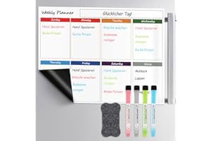 MOOKLIN ROAM Magnetischer Wochenplaner 40 x 30cm, Wochenplaner Abwischbar Whiteboard, Haushaltsplan Magnetisch Planer für Kühlschrank Fitness Menüplanung Einkaufsliste - inkl. 4 Marker & Radierer