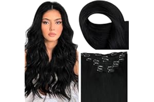 ‎FSHINE Fshine Echthaar Extensions Clip, 60cm 24 Zoll 120g 7 Stück Tief Schwarz Clip in Extensions Echthaar Haarverlängerung Echthaar Clip Remy Extensions #1