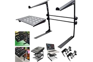 AXA AXCESSABLES AxcessAbles Two-Tier Adjustable DJ Stand with Clamps | For DJ Controllers, Music Mixers, Laptops up to 20lbs.| DJ Controller Stand Compatible with DDJ-REV1, DDJ-FLX4 | DJ Laptop Stand (LTS-03 Black)