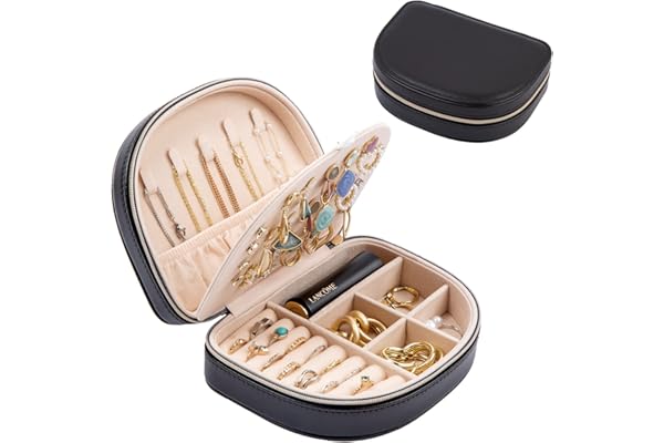 ProCase Boîte à Bijoux Voyage Double Couche, Sac de Rangement Bijoux Portable en PU Cuir, pour Bagues, Boucles d'oreilles, Petits Colliers -Noir