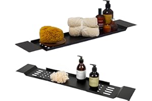 DABSTORY Badewannenablage Edelstahl Verstellbares 70cm - 94cm Einziehbares Badezimmertablett Rechteckiges Aufbewahrungsbox Rechteckigen Tablettbrettern für Kerzen Seife Handtüchern (Schwarz)