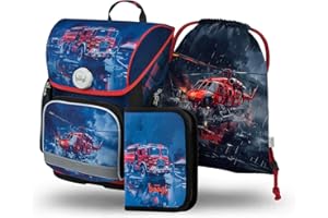Baagl Schulranzen Jungen Mädchen Set 3 Teilig, Ergo Schultasche für 1. Klasse, Ergonomische Grundschule Ranzen Tornister mit Brustgurt (Lebensretter)