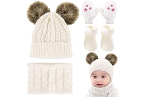 CheChury Conjunto de Bufanda y Gorro de Punto Unisex Niños Niñas Invierno cálido Punto Beanie Gorros con Pompon Bufanda de Punto Cuello Redondo Bebé