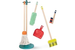 B. toys by Battat toys Kinder Holzspielzeug Besen mit langem Stiel, Kehrschaufel, Handfeger, Wischmopp und Staubwedel Set mit Ständer aus Holz – Kinderbesen Spielzeug ab 2 Jahren, BX1924Z