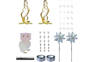 Flyonte Reflective Bird Deterrent Set Contains of Tape Windmills Sequins Spiral Rods Owl Decoration Spike Birds Scarer items to Keep Birds Away for Gardens Farm Outdoor