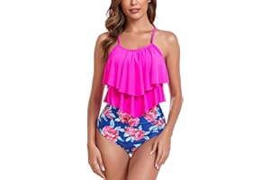 FLYILY Tankini High Waist damski dwuczęściowy zestaw bikini, z falbankami, z nadrukiem, moda kąpielowa z wysoką talią, spodnie bikini, górna część stroju plażowego