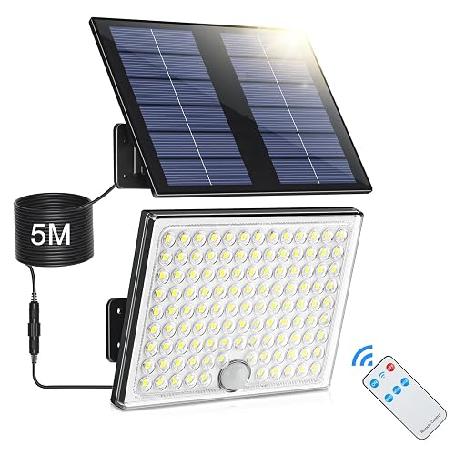 Realky Solar Lights for Outdoor Use with Remote Control, Outdoor Lamp with Motion Sensor, IP65 Waterproof Solar Light with 5 m Cable for Garage, Garden, Yard, Steps, Front Doors, Lawn - Pack of 1